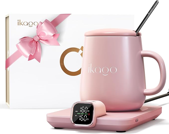 Coffee Mug Warmer Set, ±1°F Precision Temperature Control Smart Heated Mug for Desk, Electric Coffee Warmer with Auto Shut Off & Real-Time Temp Display, Gifts for Men Women, 15oz Ceramic Mug, Pink