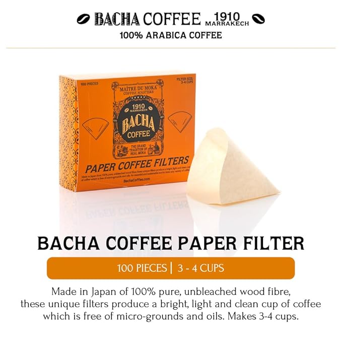 Bacha Coffee | Eternal Marrakech Fine Flavoured Coffee, Autograph Collection, 100% Arabica Specialty Coffee, Ground Beans, Medium Roast, 350g & 100% Natural Unbleached Wood Fibre Paper Filters, Large