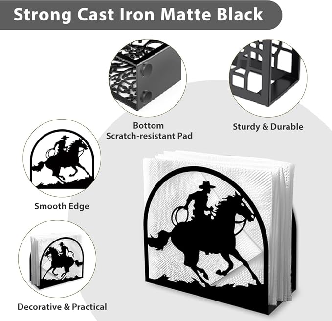 Western Cowboy Riding Horse Decorative Black Metal Napkin Holder for Table, 5.3" x 4.9" x 2" Standing Napkin Holder for Home Kitchen Restaurant Picnic Party Coffee Bar Dining Room