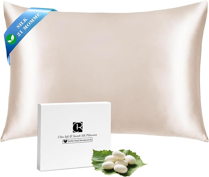 Ravmix Silk Pillow Cases with Zipper, 21momme Mulberry Silk Pillowcase for Hair Skin Health, Soft Smooth Breathable Cool Pillow Cover for Beauty Sleep with Gift Box 1PC(Queen 20"x30", Beige)