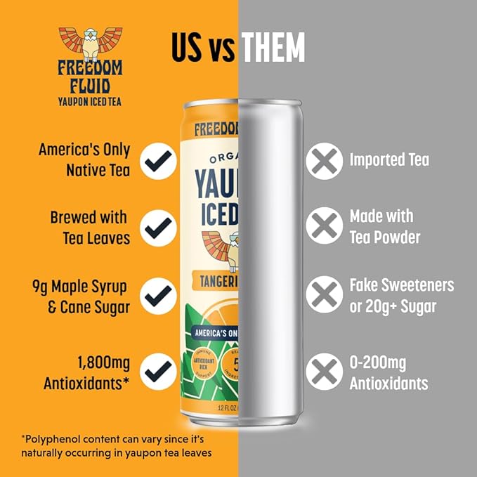 Freedom Fluid Organic Yaupon Iced Tea – Tangerine Mint | Herbal Tea Drink | Lightly Sweetened, Low Sugar, Low Calories, Real Brewed Tea, Clean Ingredients, Antioxidant Rich, Natural Caffeine, 12 Pack (12 oz cans)