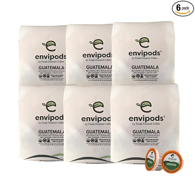 Fresh Roasted Coffee, Organic Guatemala envipods | BPI Compostable, USDA Organic, Mold & Myco 3rd Party Tested | Med Roast 72 CT Compatible With 1.0 & 2.0 K Cup Brewers