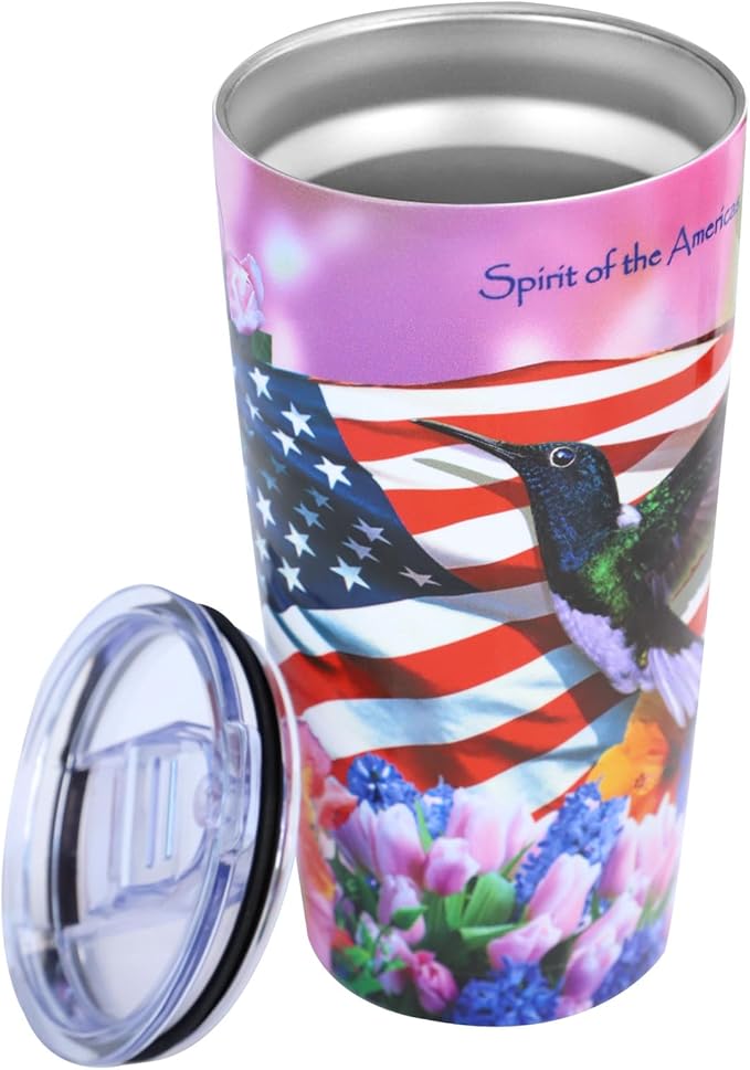 Hummingbird Tumbler - 20oz Stainless Steel Insulated | American Flag & Hummingbird Floral Design, Leak-Proof Patriotic Travel Mug for Hot/Cold Drinks, Hummingbird Gifts For Women, Her, Mom