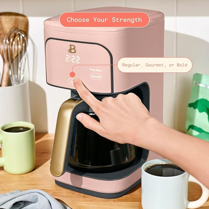 Beautiful 12-Cup Programmable Coffee Maker with Touch-Activated Display, Auto Brew Timer, Reusable Filter & Large Glass Carafe (Rose)
