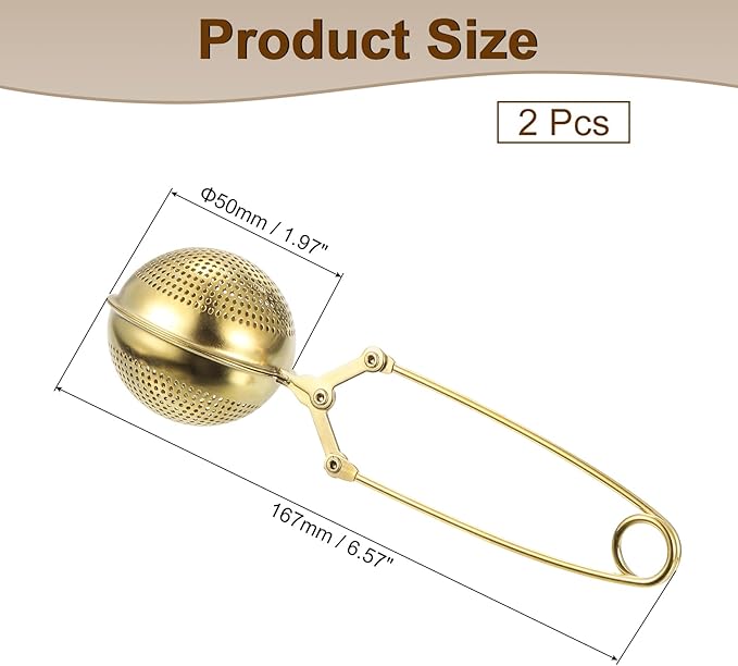 uxcell 2 Pcs Snap Tea Ball Infuser with Handle, Loose Tea Steeper, Stainless Steel Tea Strainer for Brew Loose Leaf Tea, Gold