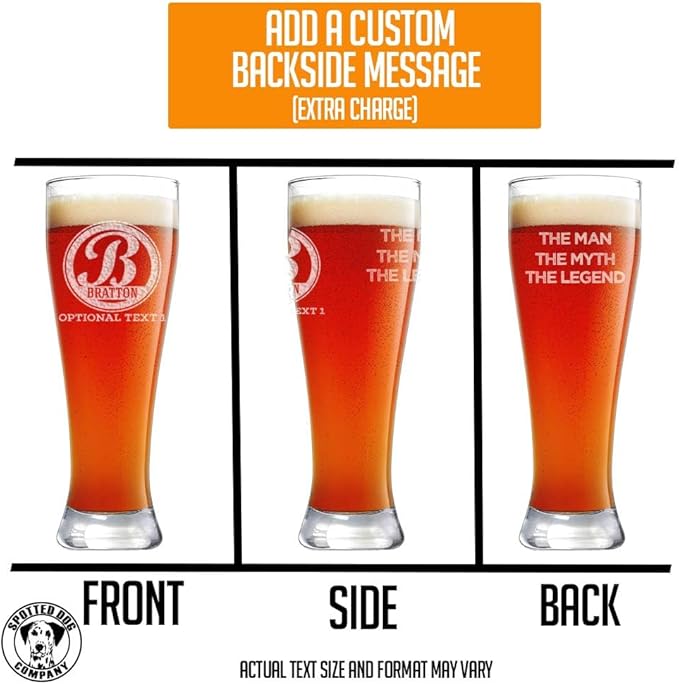 Personalized Etched 23oz Pilsner Beer Glass - Custom Engraved Christmas Gifts for Men, Dad Drinking Birthday Glasses, Gifts for Him, Bratton Monogram