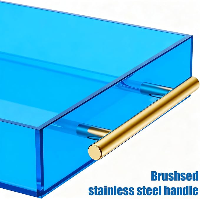 Acrylic Serving Tray with Handles Large Ottoman Food Decorative Tray for Coffee Table Tea Fruit Snack Kitchen Bar Platter, 17x13’’, Sky Blue