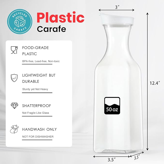 Plastic 50 Oz Water Carafe with Flip Top Lid, Set of 6 Square Base Clear Plastic Juice Container Pitcher - for Water, Iced Tea, Juice, Beverage, Lemonade, Milk and Mimosa Bar - HAND WASH ONLY
