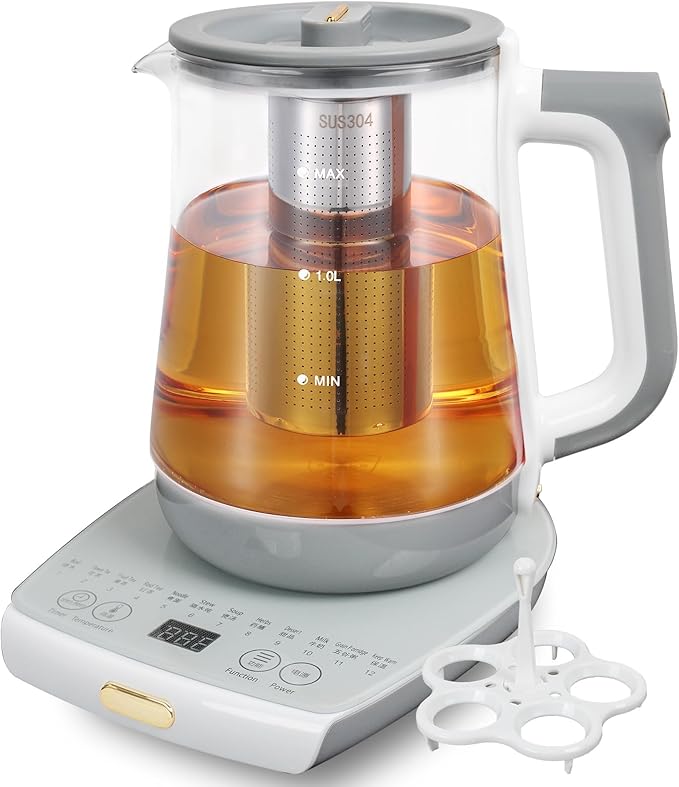 Health pot, Office, Household, Electric Kettle with Infuser, Temperature Control,12 Functional Procedures for Fruit, Flower Tea & Coffee, Glass Large 1.8 Liters of Capacity，Grey