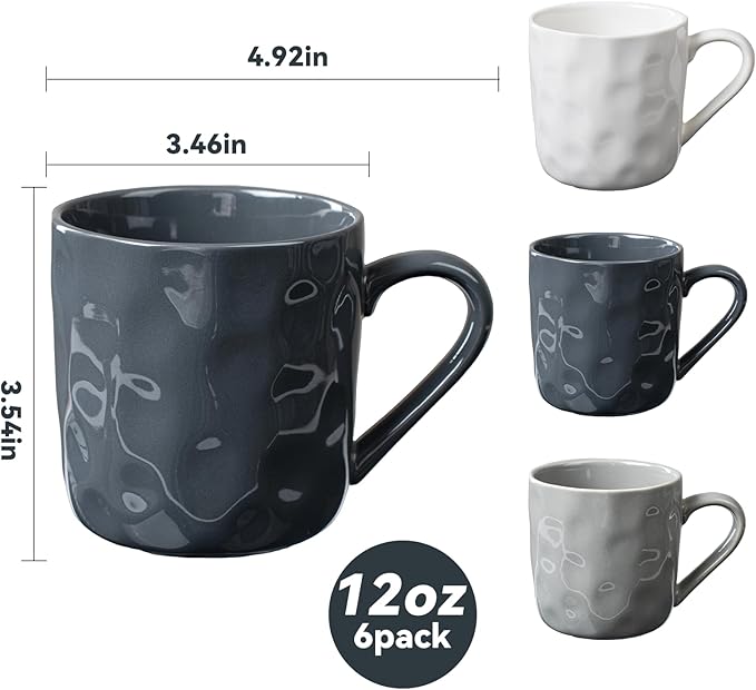Porcelain Coffee Mugs Set of 6 with Hand Pinch Texture, Non-toxic, Stylish Gift 12 OZ Ceramic Coffee Tea Milk Coco Mug, Microwave and Dishwasher Safe (Dark blue, White, Grey)