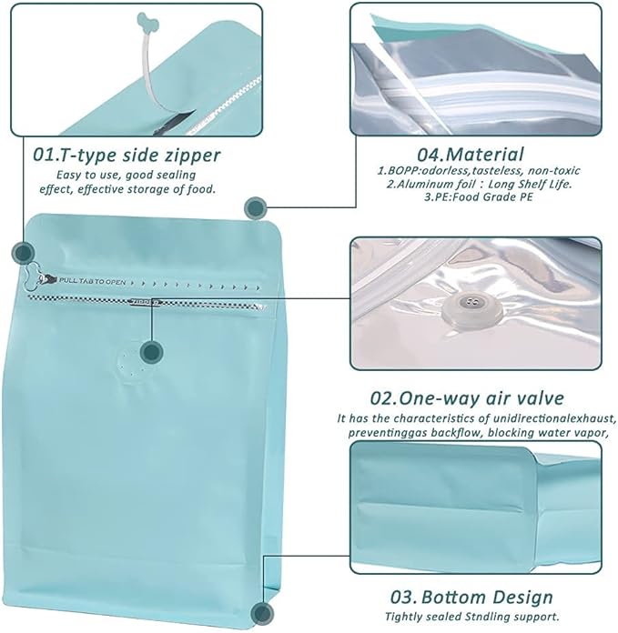 REMTAP Coffee Bags with Valve(100pcs,12oz) Tiffany Blue High Barrier Aluminumed Foil Flat Bottom Standing Coffee Beans Storage Bags,Reusable Heat Sealable Side Zipper Pouches for Home or Store