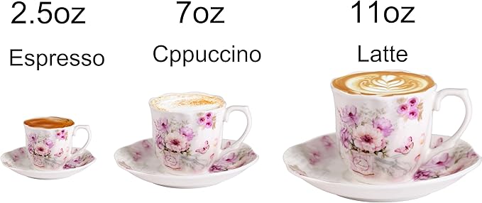 GuangYang 7 oz Porcelain Tea Cups and Saucers set of 6,Purple Fancy Floral Pattern (Perfect for Cappuccino, Flat white Coffee, Americano, Hot Tea, or Desserts)