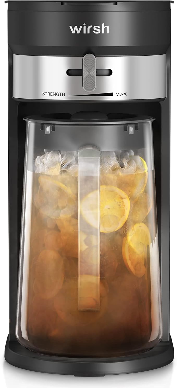 wirsh Iced Tea Maker with 3QT Pitcher, Iced Coffee Maker with Strength Control and Reusable Filter, Perfect For Iced Coffee, Latte, Tea, Lemonade, Flavored Water, Black