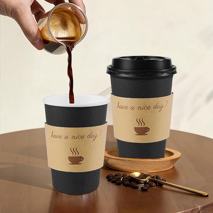100 Pack 12 oz Coffee Cups with Lids, Disposable To Go Paper Coffee Cups with Sleeves and Stirring Sticks for Hot/Cold Drinks Office Home Shop Event (Black)
