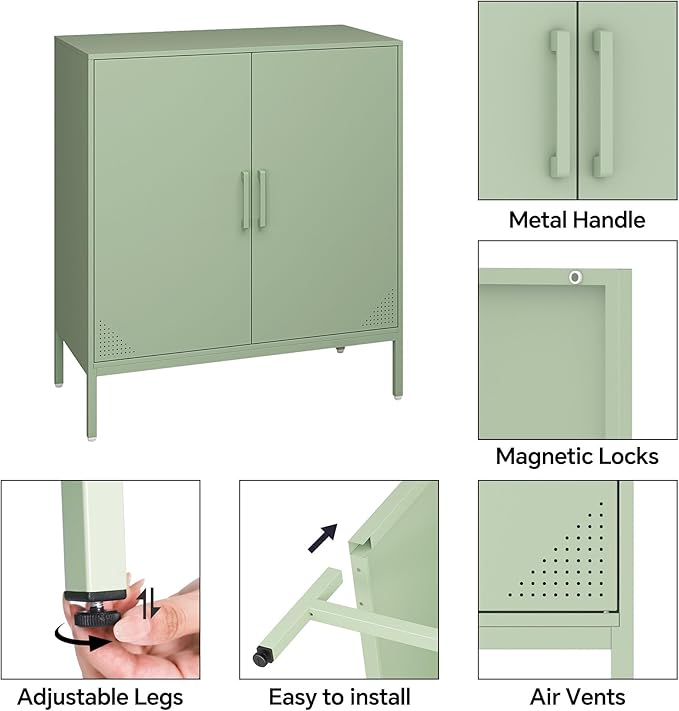 Metal Storage Cabinet with Adjustable Shelves, Steel Buffet Sideboard for Entryway, Living Room, Dining Room, Kitchen, Office, Bar (Green, 31.5" D x 15.75" W x 35.43" H)