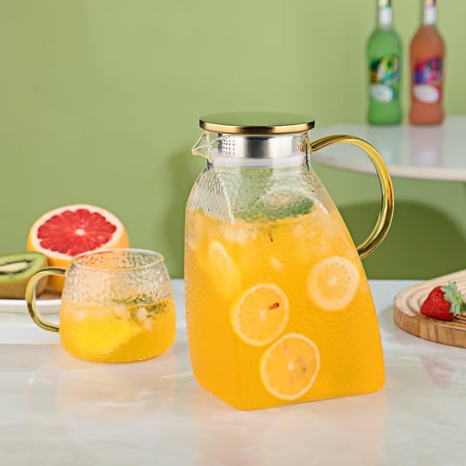 Glass Pitcher with Lid 1.8L, Borosilicate Glass Water Jug for Refrigerator Door, Hot & Cold Beverages, Leak-Proof Stainless Steel Lid with 2 Filter Holes for Iced Tea, Juice, Coffee, Milk