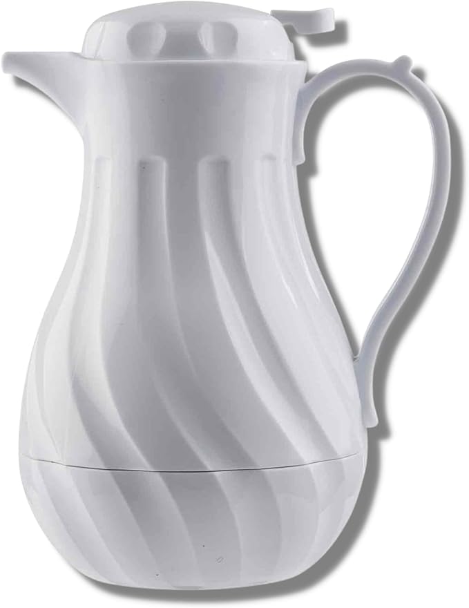 TableCraft 1001302 Insulated Coffee Carafe, Triple Wall Swirl Design, 20 oz Hot Beverage Server, BPA-Free Plastic, White Carafe, Thumb-Press Lid, Color ID Tags, NSF Listed