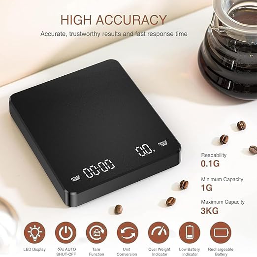 Mini Coffee Scale with Timer, Rechargeable Pour-Over Coffee Scale with Accurate LCD Display, High Precision Espresso Scale, Digital Barista Gram Scale, Portable Kitchen Scale with Battery (3kg/0.1g)
