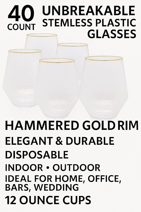 Oojami 40 count Diamond Unbreakable Stemless Plastic Wine Champagne Whiskey Glasses Elegant Durable Disposable Indoor Outdoor Ideal for Home, Office, Bars, Wedding, 12 Ounce Cups (Hammered Gold Rim)