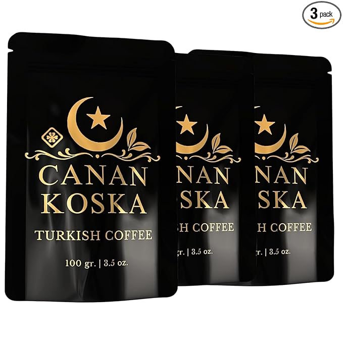 Canan Koska Turkish Coffee Medium Roast Ground Coffee 100% Arabica, Finely Ground for Rich Flavor and Smooth Texture, Ideal for Traditional Brewing in a Cezve - 3.5 Ounce (100g) - Pack Of 3