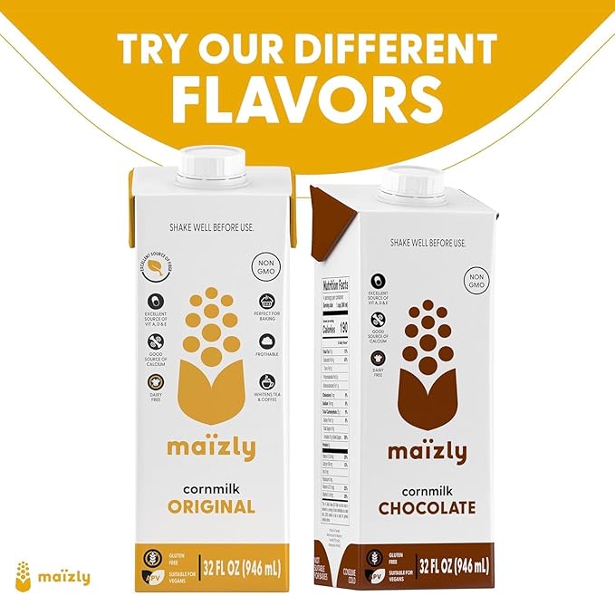 Maizly Original Corn Milk, Plant-Based Drink Made with Non-GMO Ingredients, Less Sugar, Gluten & Dairy-Free Alternative to Whole Milk, Non-Dairy Kosher Drink For Kids & Adults, 32 oz, Shelf Stable Pack of 2