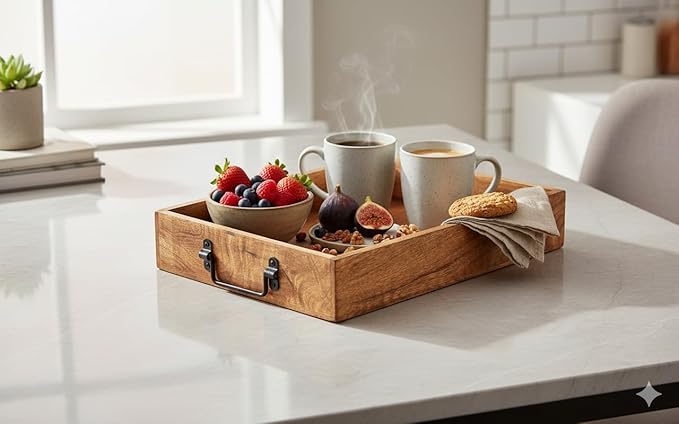 Wooden Decorative Serving Tray with Metal Handles | Wood Trays for Breakfast in Bed, Lunch, Dinner, Appetizers, Patio, Ottoman, Coffee Table, Party (15" X 11" x 2.75")