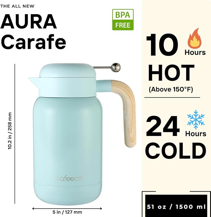 Aura Thermal Coffee Carafe - Vacuum Insulated Stainless Steel Tea Pot & Water Pitcher, Keeps Drinks Hot or Cold, BPA-Free, Beverage Dispenser Thermos - 51 oz Blue