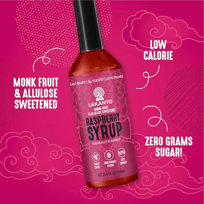 Lakanto Simple Flavoring Syrup - Monk Fruit Sweetener with Allulose, Perfect for Coffee, Tea, Cocktails, Snow Cones, Sodas, Other Drinks, Keto, Vegan (Raspberry - 25.4 fl oz)