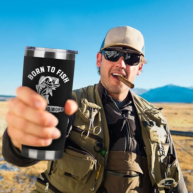 Fishing Gifts For Men Gifts for Fathers Day 20oz Black Born To Fish Forced to Work Travel Tumbler Birthday Christmas Presents For Grandpa Dad Uncle Boyfriend Fishing Lover Travel Cup With Lid Straw