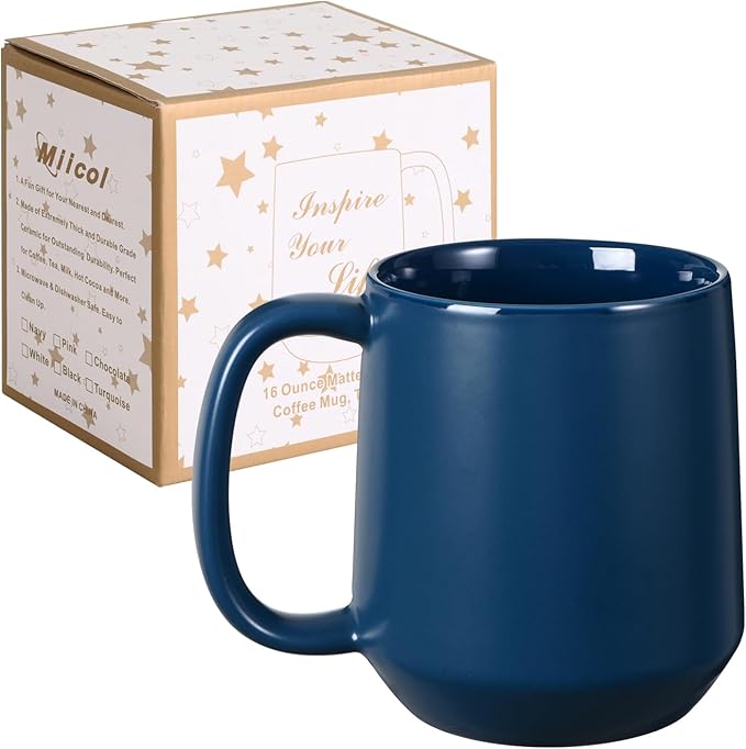 Miicol Ceramic Coffee Mug, 16 oz Large Coffee Cup, Tea Mug with Handle, Flat Bottom Mug for Men, Women, Office, Microwave and Dishwasher Safe, Multi-Color, Navy