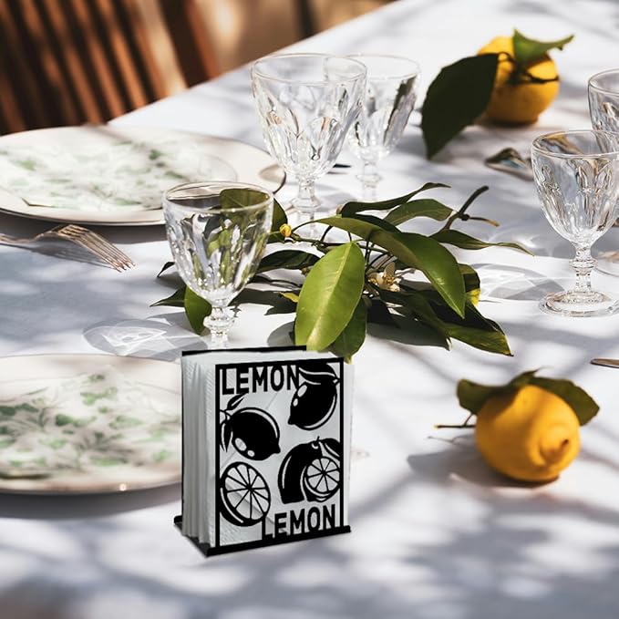 Lemon Decorative Black Metal Napkin Holder for Table, 5.3" x 4.9" x 1.9" Lemon Fruit Standing Napkin Holder for Home Kitchen Restaurant Picnic Party Coffee Bar Dining Room