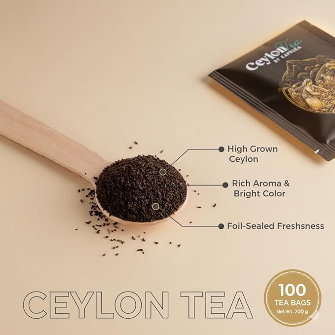 Kapruka 100% Pure Ceylon Black Tea | 100 Tea Bags Individually Wrapped - Fresh High Grown Tea Bags | Sri Lanka Tea – Premium Hand-Picked, High-Altitude Leaves for Bold, Rich Flavor – Authentic Sri Lankan Tea