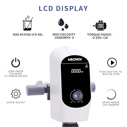 Electric Overhead Stirrer Mixer 100-2000RPM Max.40L(H₂O) LCD Display Digital Overhead Stirrer Mixer 20000mPas Powerful Lab Stirrers Mixer with Stirring Rod and Stand(Max.40L H₂O)