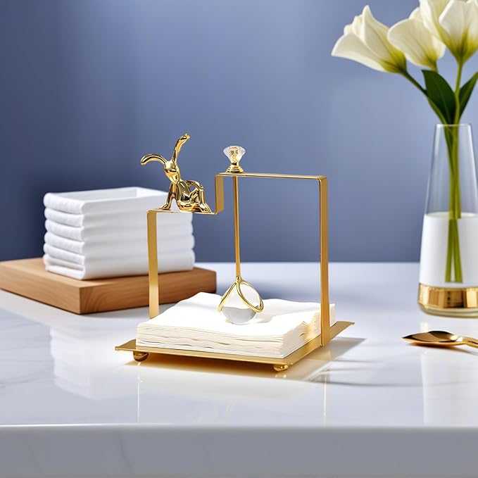 Bunny Napkin Holder for Tabletop, Decorative Square Plastic Rabbit Paper Towel Dispenser - Compact for Kitchen Counter, Home Bar, Farmhouse & Restaurant Table Decor (GOLD)