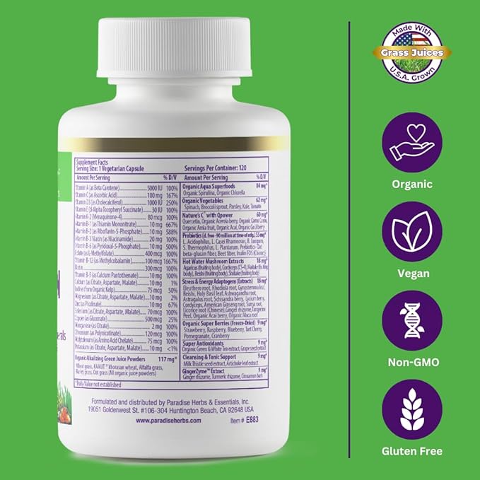 Paradise Herbs Earth's Blend Once Daily Multivitamin for Men, No Iron, 48 Organic Superfoods, Probiotics, Antioxidants, Vitamins A, B12, C, D, K2,120 Count