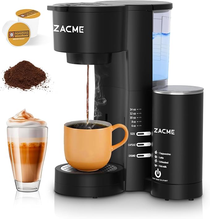 ZACME Single Serve Coffee Maker for K Cups&Ground Coffee with Milk Frother, 3 in 1 Small Single Cup Coffee Machine, 28oz Water Thank, 6 to 14 oz Brew Sizes