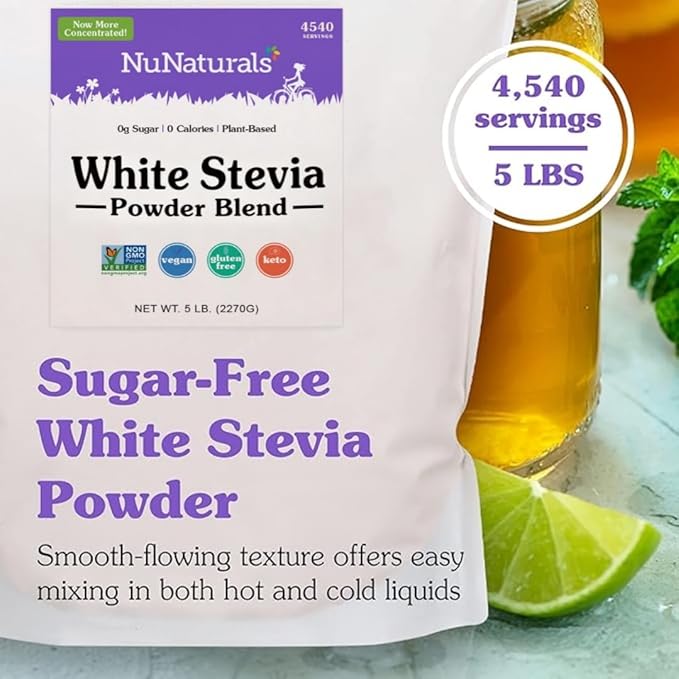 NuNaturals White Stevia Powder Blend, Plant-Based Sugar Substitute, Zero Calorie Sweetener, 5 lbs