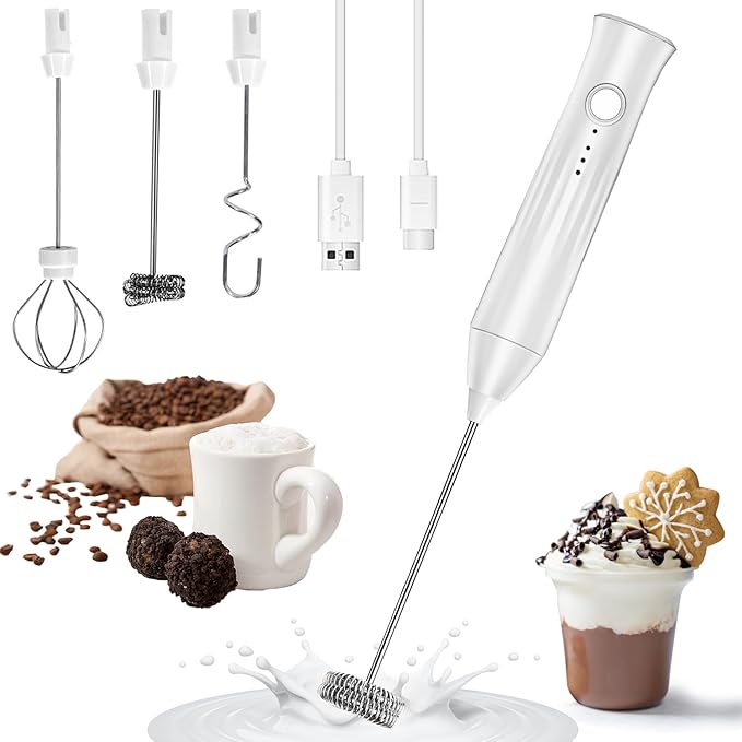 Rechargeable Milk Frother Wand 3 in 1, Handheld Drink Mixer Electric Whisk Stirrer Coffee Foam Frother with 3 Stainless Steel Whisks, 3 Speeds, Protein Powder Mixer for Cappuccino, Xmas Gift, White