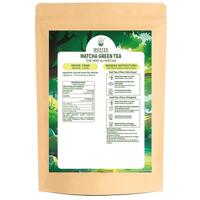 WT WEETEE Matcha Green Tea Bags, 100 Count Corn-fiber Pyramid, Antioxidant-Rich | Natural Energy, Easy & Quick to Brew for Cold or Hot, Matcha + Sencha Green Tea