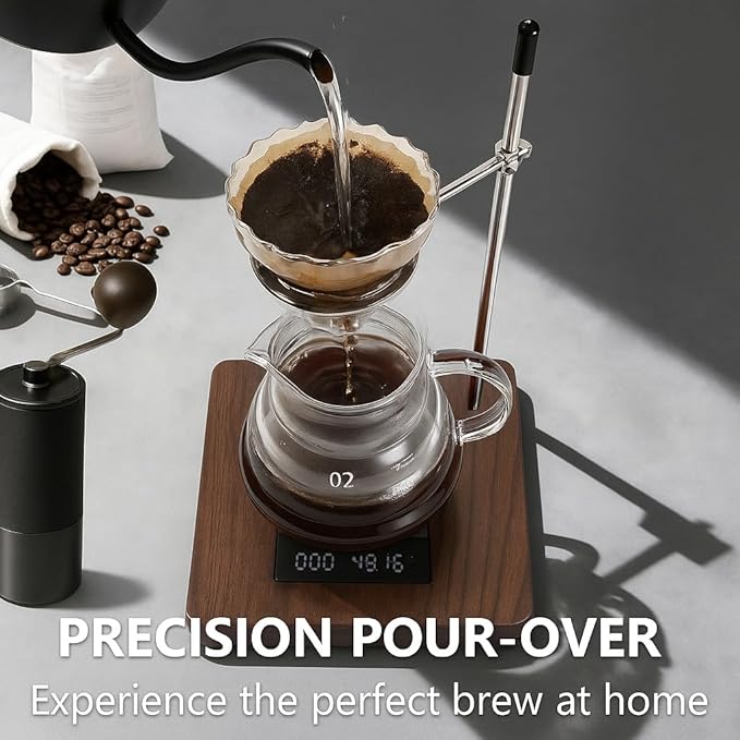 Pour Over Coffee Stand, North American Black Walnut Base with Stainless Steel Single-Arm Ring, Rotating Dripper Stand Fits 1-2 Cup V60 Brewers, Mugs and Carafes for Home Coffee Bar Setup