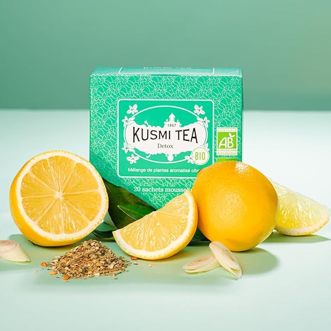 Kusmi Tea - Detox - Organic Blend of Green Tea, Mate & Lemon - Lemongrass, Rose Hip and Lemon Flavours - Enjoy Hot or Iced - Exotic Infusion Perfect for Tea Lovers - 20 Tea Bags
