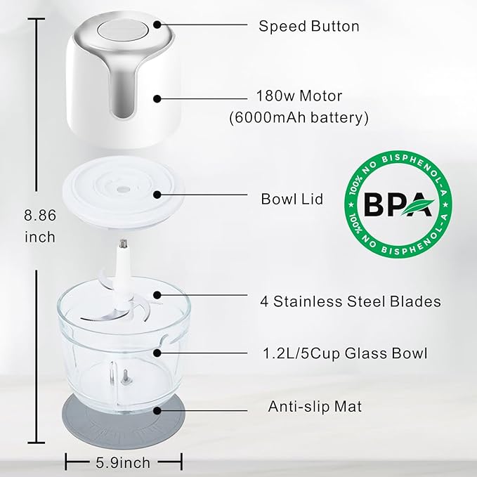 Food Processor Cordless, Small Wireless Chopper with 5-Cup Glass Bowl, 6000mAh Battery USB-C Rechargeable Electric Vegetable Chopper Meat Blender Kitchen Mixer for Garlic, Onion, Salad,Baby Food,White