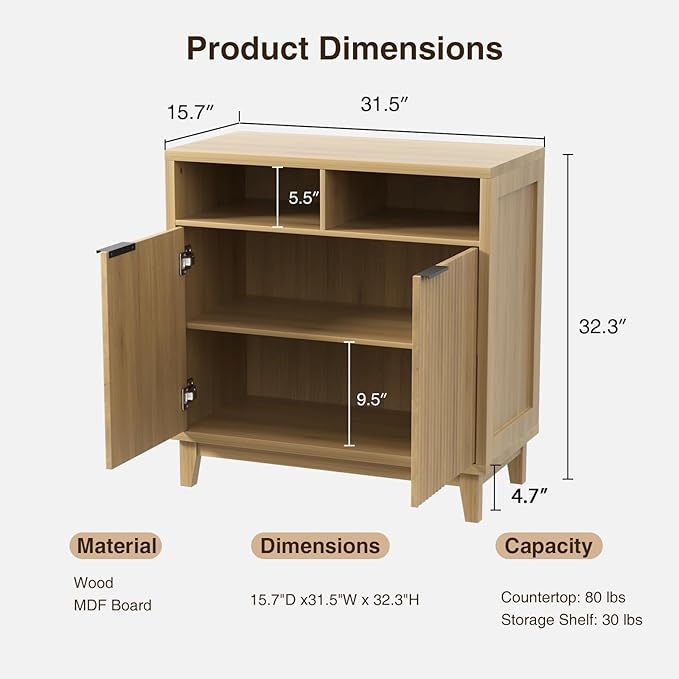 Set of 2 Fluted Sideboard Cabinet with Wavy Fluted Door Panel, Solid Wood Leg & Adjustable Shelf, Quality MDF Storage Cabinet for Entryway, Living Room, Dining Room, 15.7"D x 31.5"W x 32.3"H