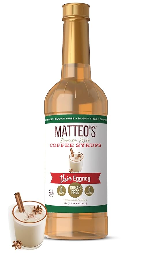 Matteo's Eggnog Syrup for Coffee, Lattes, Cappuccinos & Desserts – Sugar-Free Sweetener for Beverages, Keto Friendly, Zero Calories, Indulgent Flavor, Non-Alcoholic, Ideal for Hot Drinks 33.8oz (1pk)