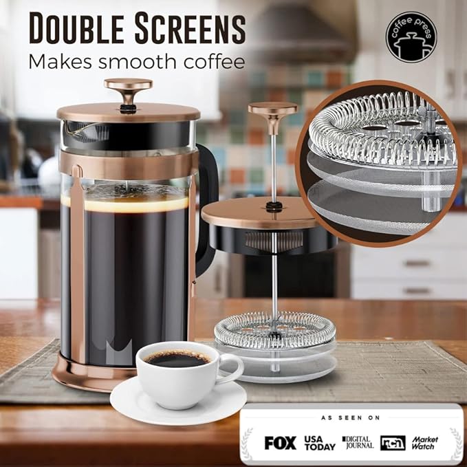 EzDtach French Press Coffee Maker 34oz Copper – Borosilicate Glass Pot with 304 Grade Stainless Steel French Press, Double Filter and 2 Extra Screens for Rich, Full-Bodied Flavor at Home or Office