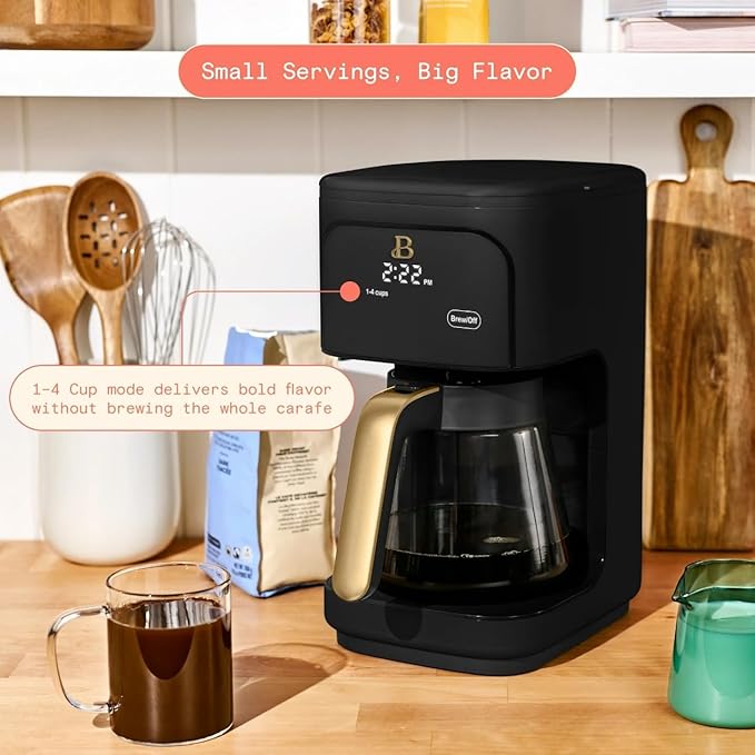 Beautiful 12 Cup Programmable Coffee Maker, Drip Coffee Machine with Glass Carafe, Automatic Brew Strength Control, Espresso Maker Function, Compact Espresso Machine (Black Sesame)