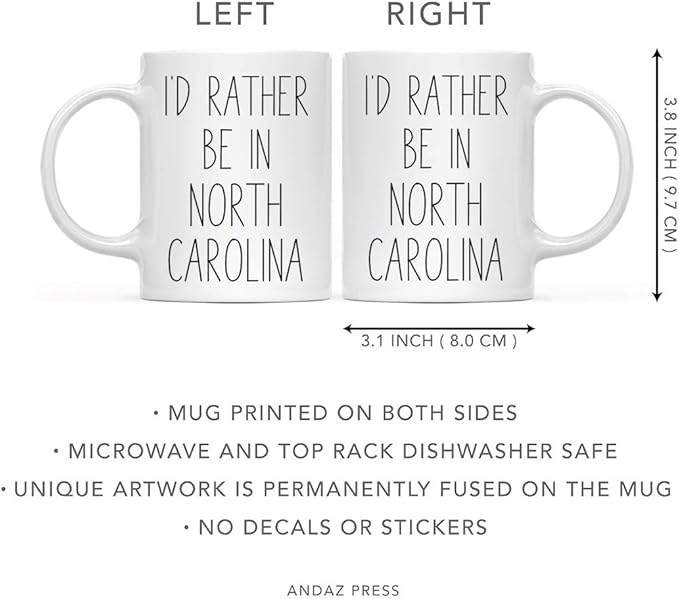 Andaz Press U.S. State 11oz. Coffee Mug Gift, I'd Rather Be in North Carolina, 1-Pack, Long Distance College Going Away Study Abroad Birthday Christmas Gifts