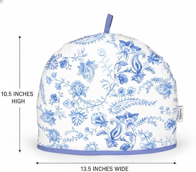 Muldale Large Tea Cozy for Teapot British - 100% Cotton Extra Thick Wadding Tea Pot Cover Designed in England - Insulated Teapot Cozy for English Tea Sets - Vintage Blue Floral