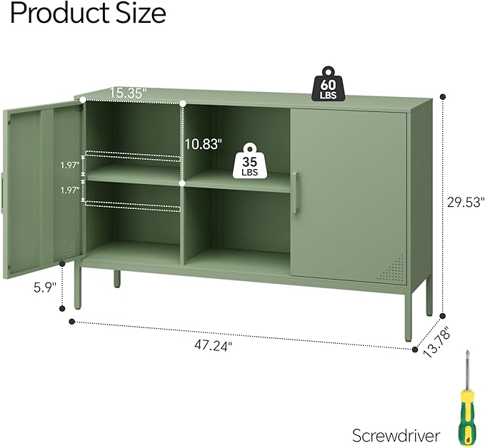 Metal TV Stand for 65 Inch TV, Metal Storage Cabinet Sideboard Buffet Cabinet Coffee Bar 2 Door Locker Pantry for Office Home Kitchen (Green, 47.24" D x 13.78" W x 29.53" H)