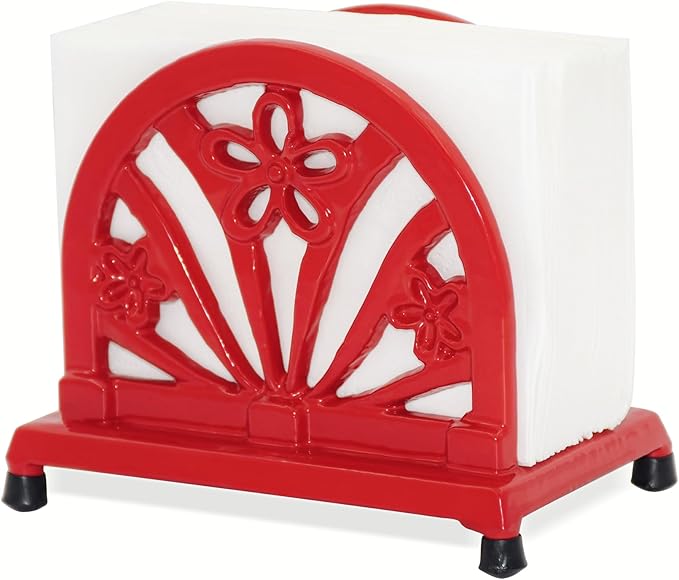 Napkin Holder for Table, Vintage Cast Iron Paper Napkins Tissue Dispenser with Daffodil Pattern for Kitchen Dining Room Countertop Decor, Red